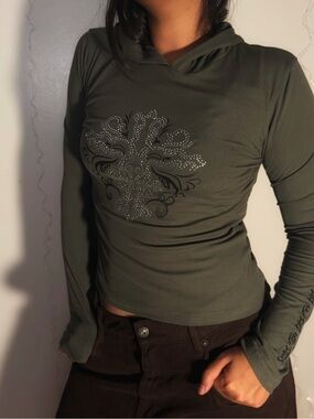 Ribbed Hooded Long-Sleeve Top in Olive Green